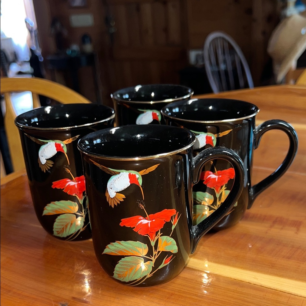 VTG Otagiri Hummingbird Hibiscus Coffee Mug Cup Black With Gold Rim Japan 4